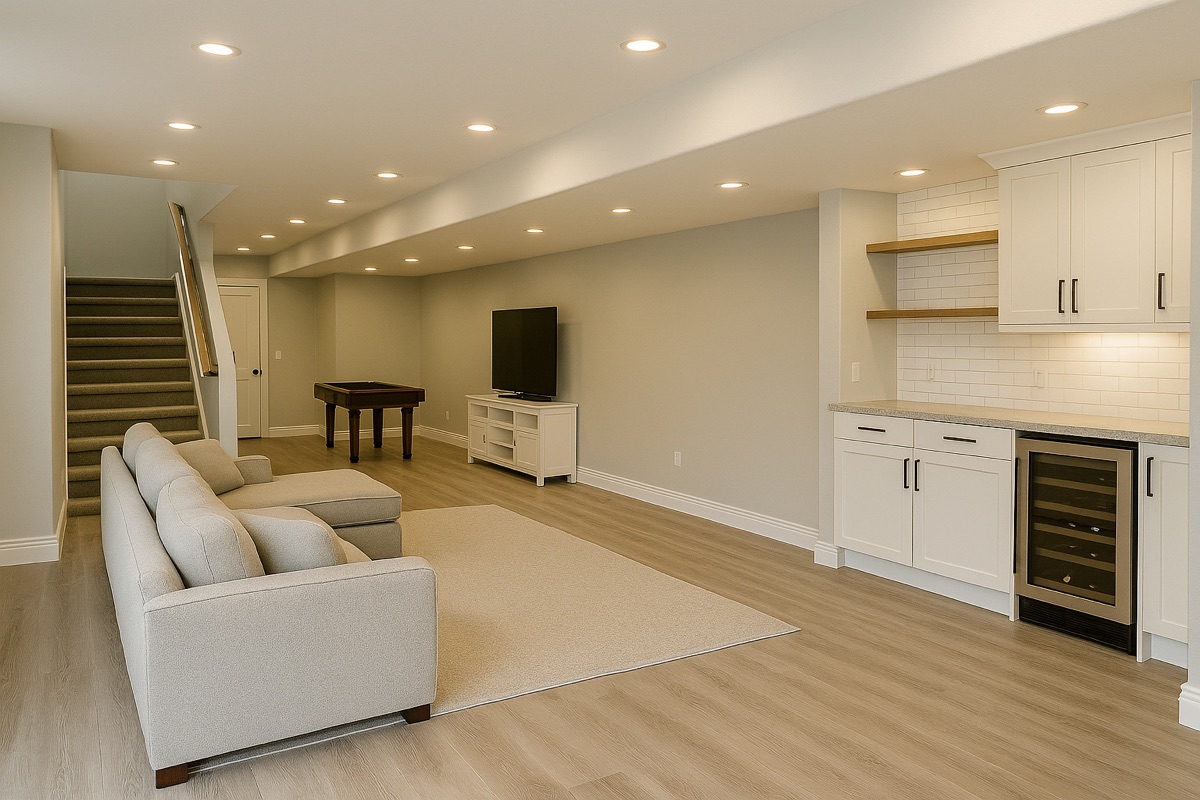Finished self-contained ADU living space by Lynnwood Construction in Utah County — open layout with neutral paint, recessed lighting, and wood-look flooring